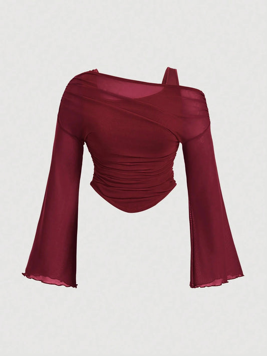 MOD Plus Size Asymmetric 2 In 1 Shoulder Sheer Mesh Knit T-Shirt Valentine's Day Maroon Top Wine Red Top Red Concert Top Burgundy Top Dark Red Top Fall