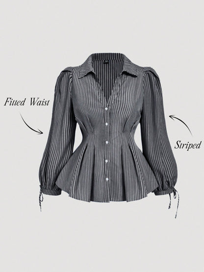 MOD Plus Size Women Elegant Striped Long Sleeve Shirt, Fitted Waist Puff Blouse, Suitable For Work And Casual Wear, Flattering Silhouette, Blouses, Curvy