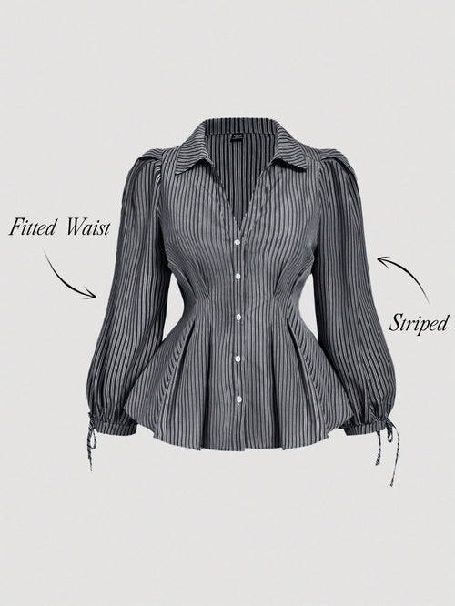 MOD Plus Size Women Elegant Striped Long Sleeve Shirt, Fitted Waist Puff Blouse, Suitable For Work And Casual Wear, Flattering Silhouette, Blouses, Curvy