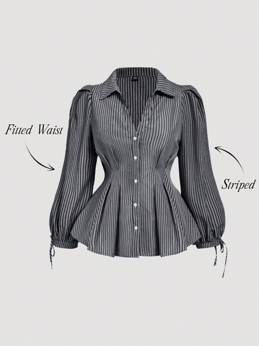 MOD Plus Size Women Elegant Striped Long Sleeve Shirt, Fitted Waist Puff Blouse, Suitable For Work And Casual Wear, Flattering Silhouette, Blouses, Curvy
