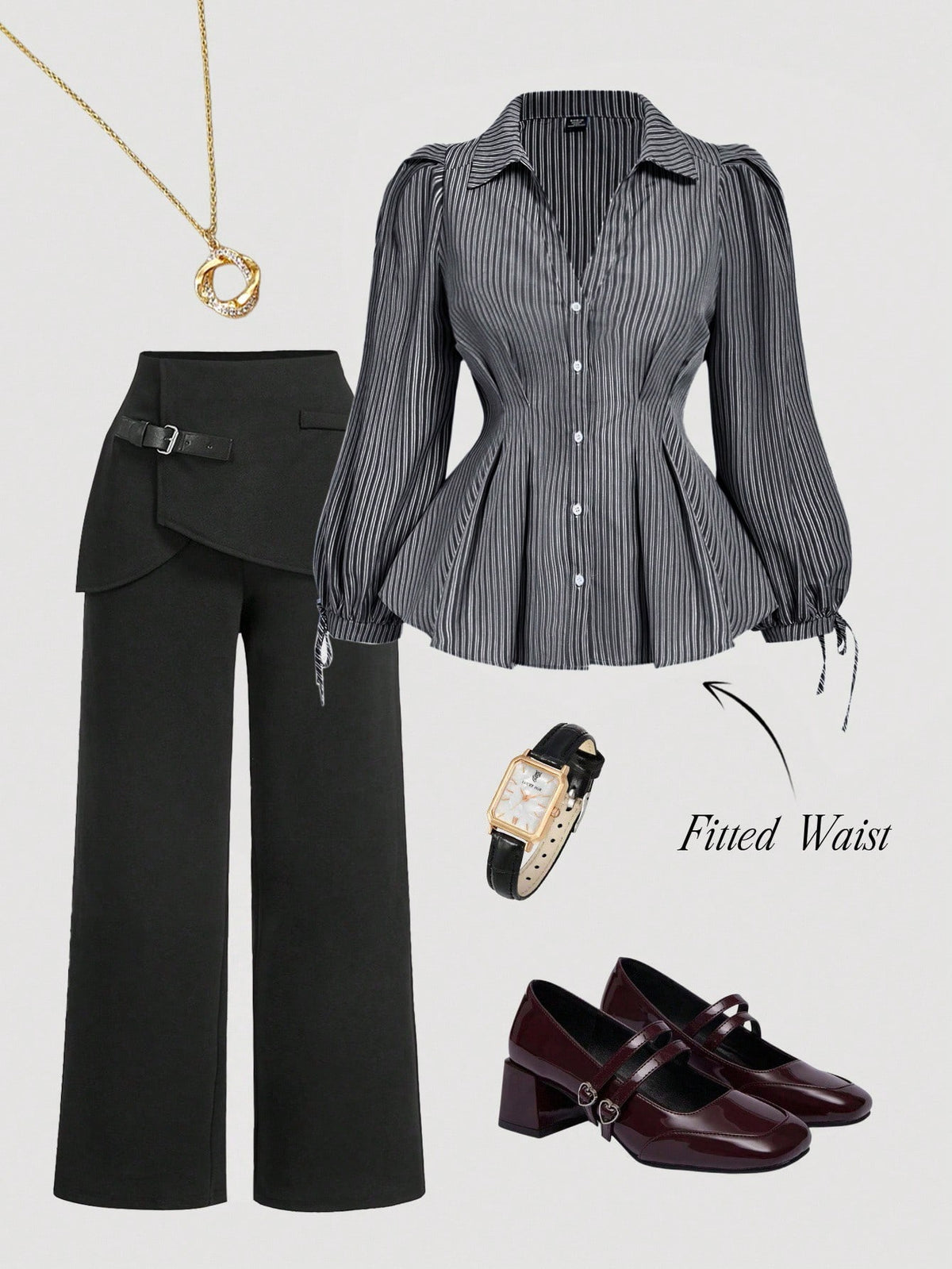 MOD Plus Size Women Elegant Striped Long Sleeve Shirt, Fitted Waist Puff Blouse, Suitable For Work And Casual Wear, Flattering Silhouette, Blouses, Curvy
