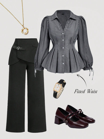 MOD Plus Size Women Elegant Striped Long Sleeve Shirt, Fitted Waist Puff Blouse, Suitable For Work And Casual Wear, Flattering Silhouette, Blouses, Curvy