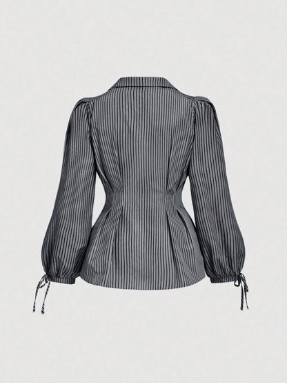 MOD Plus Size Women Elegant Striped Long Sleeve Shirt, Fitted Waist Puff Blouse, Suitable For Work And Casual Wear, Flattering Silhouette, Blouses, Curvy