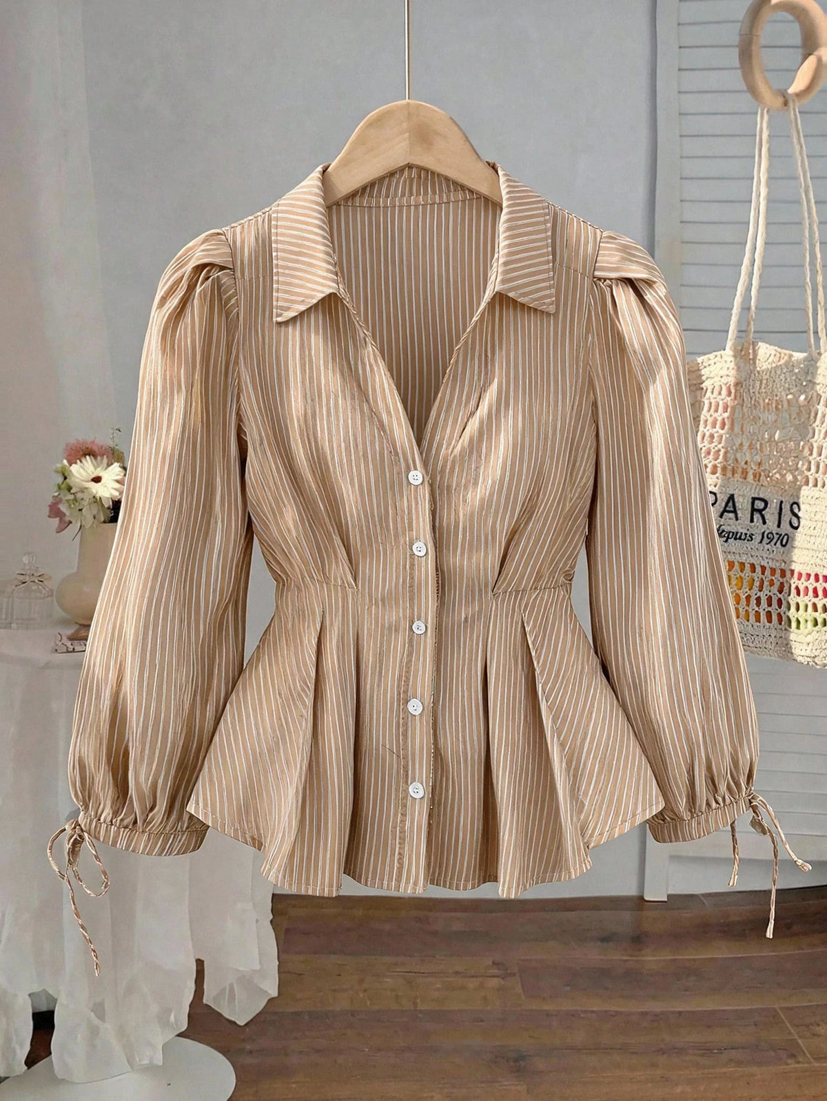 MOD Plus Size Women Elegant Striped Long Sleeve Shirt, Fitted Waist Puff Blouse, Suitable For Work And Casual Wear, Flattering Silhouette, Blouses, Curvy