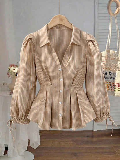 MOD Plus Size Women Elegant Striped Long Sleeve Shirt, Fitted Waist Puff Blouse, Suitable For Work And Casual Wear, Flattering Silhouette, Blouses, Curvy