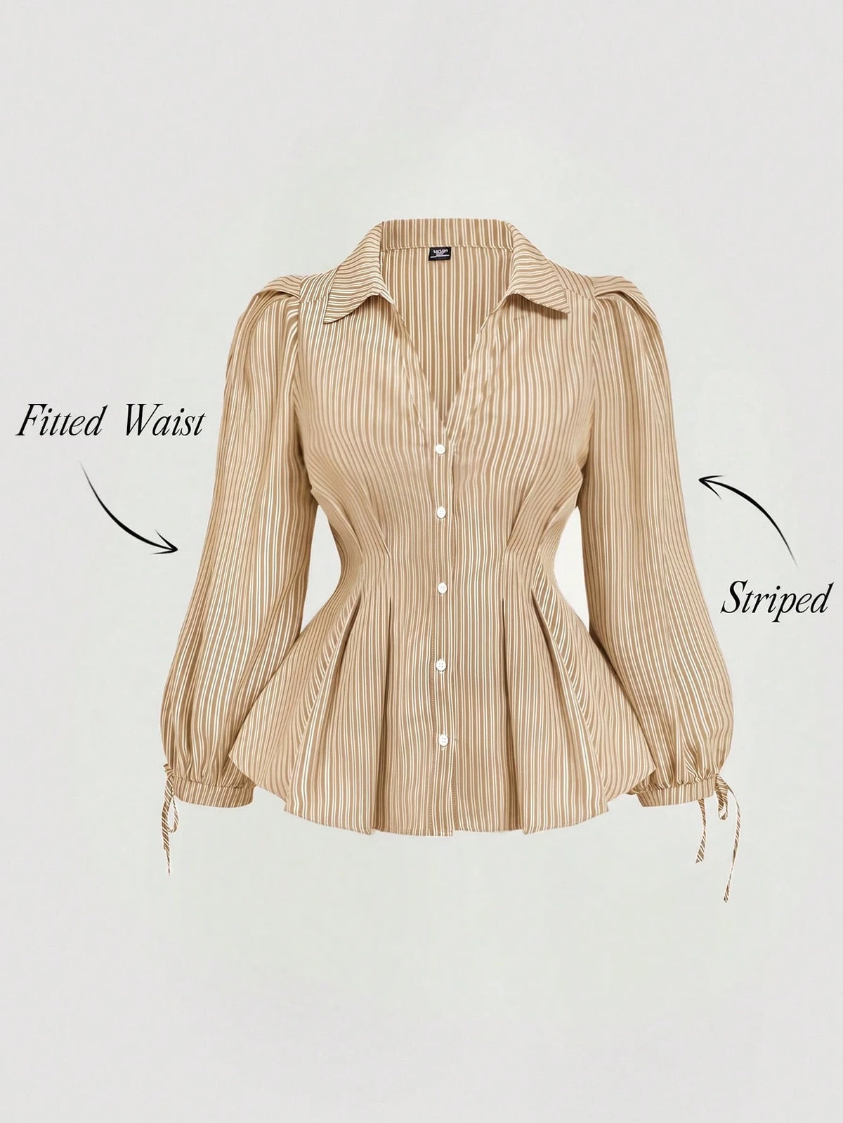 MOD Plus Size Women Elegant Striped Long Sleeve Shirt, Fitted Waist Puff Blouse, Suitable For Work And Casual Wear, Flattering Silhouette, Blouses, Curvy