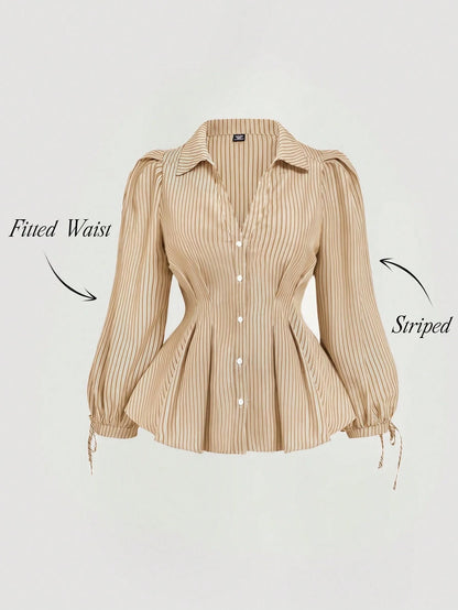 MOD Plus Size Women Elegant Striped Long Sleeve Shirt, Fitted Waist Puff Blouse, Suitable For Work And Casual Wear, Flattering Silhouette, Blouses, Curvy