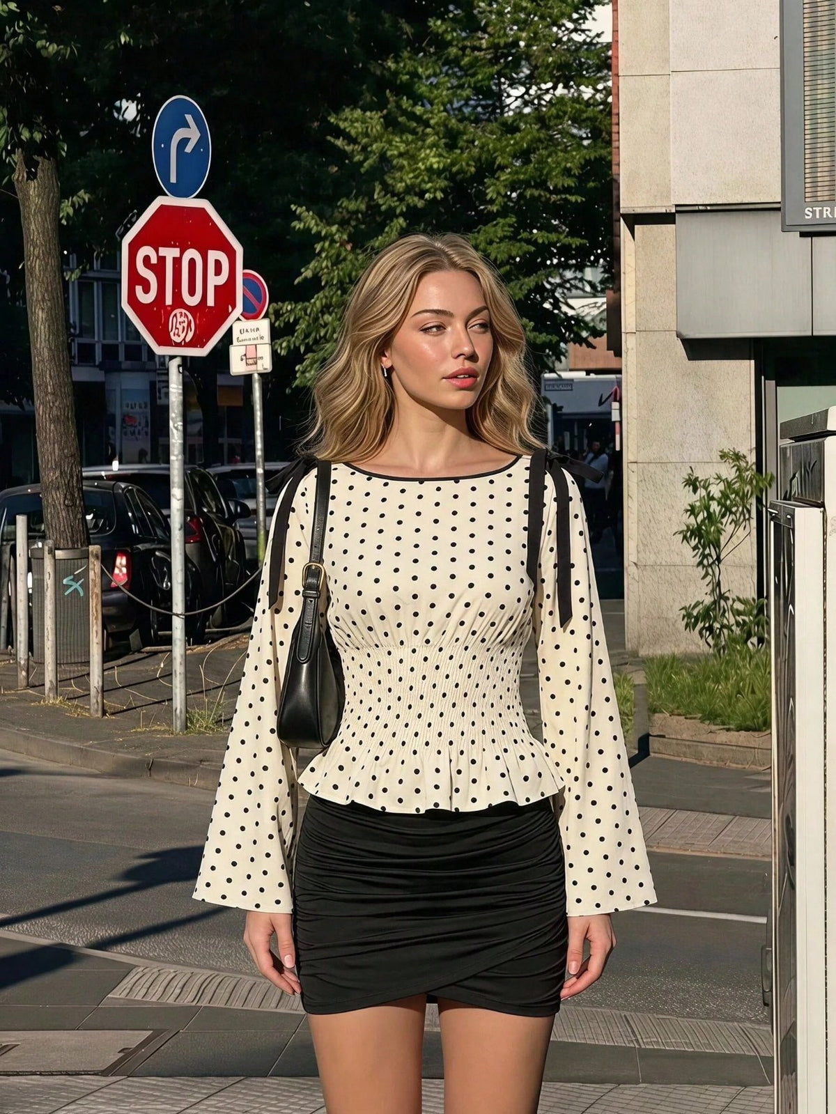 MOD Woman Chiffon Polka Dot Tie Shoulder Long Bell Sleeve Regular Black White Polka Dot Sweet Elegant Coquette Y2K Peplum Blouse Halloween Autumn