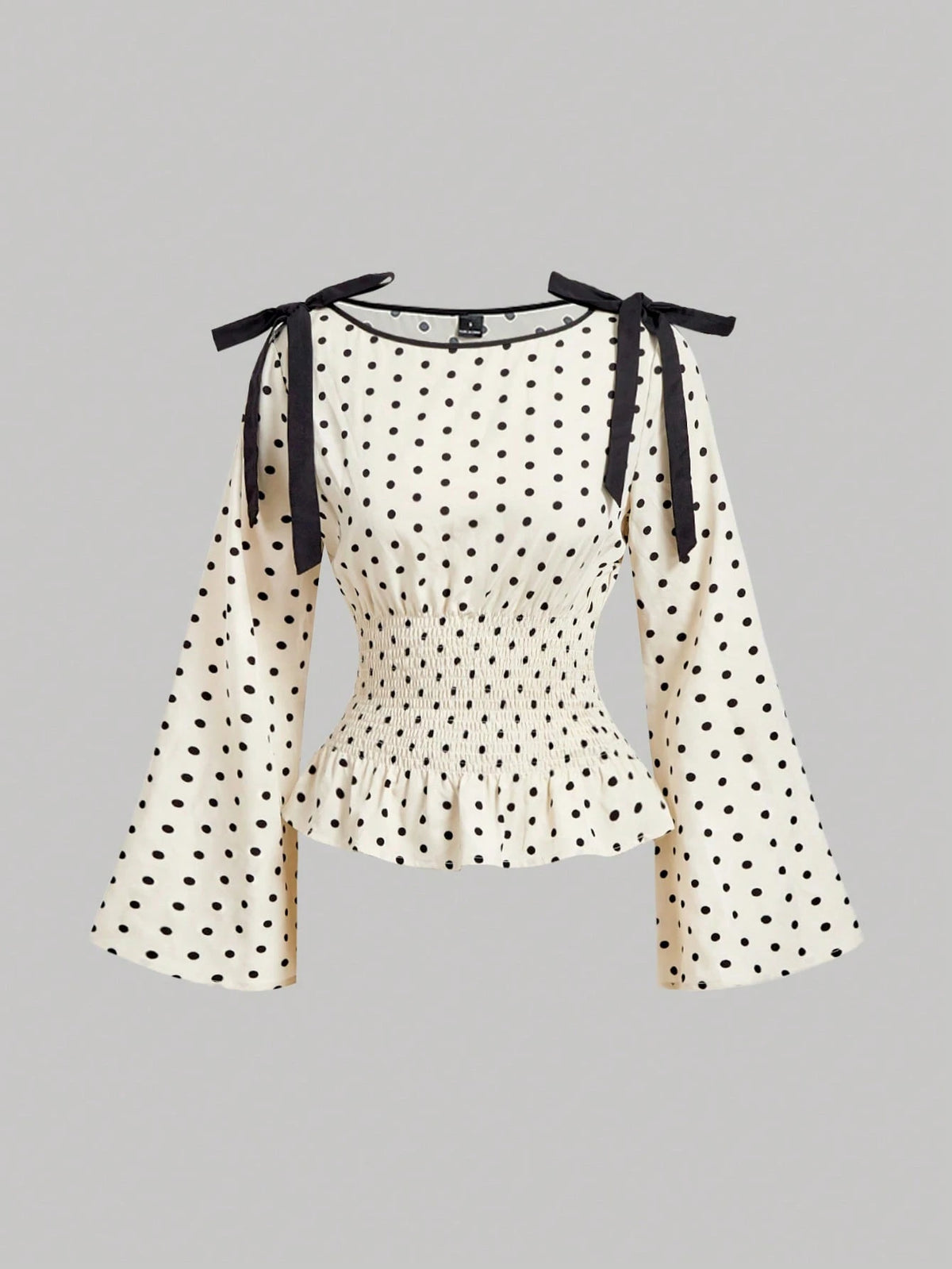 MOD Woman Chiffon Polka Dot Tie Shoulder Long Bell Sleeve Regular Black White Polka Dot Sweet Elegant Coquette Y2K Peplum Blouse Halloween Autumn