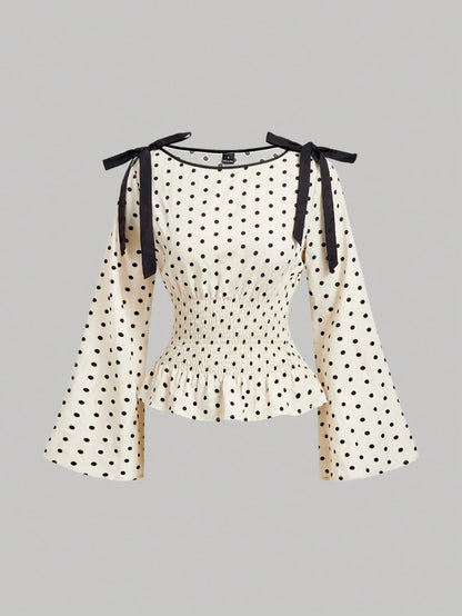 MOD Woman Chiffon Polka Dot Tie Shoulder Long Bell Sleeve Regular Black White Polka Dot Sweet Elegant Coquette Y2K Peplum Blouse Halloween Autumn
