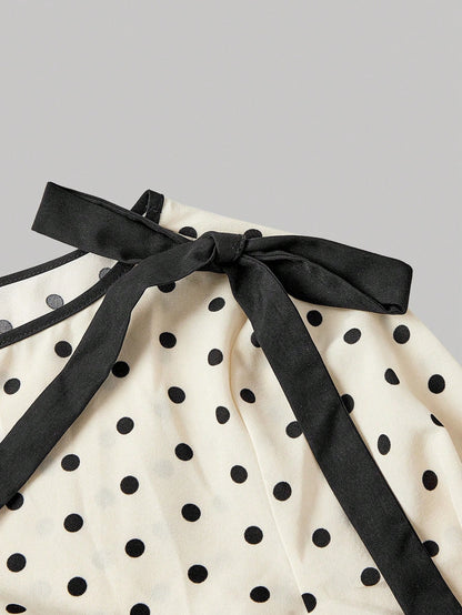 MOD Woman Chiffon Polka Dot Tie Shoulder Long Bell Sleeve Regular Black White Polka Dot Sweet Elegant Coquette Y2K Peplum Blouse Halloween Autumn