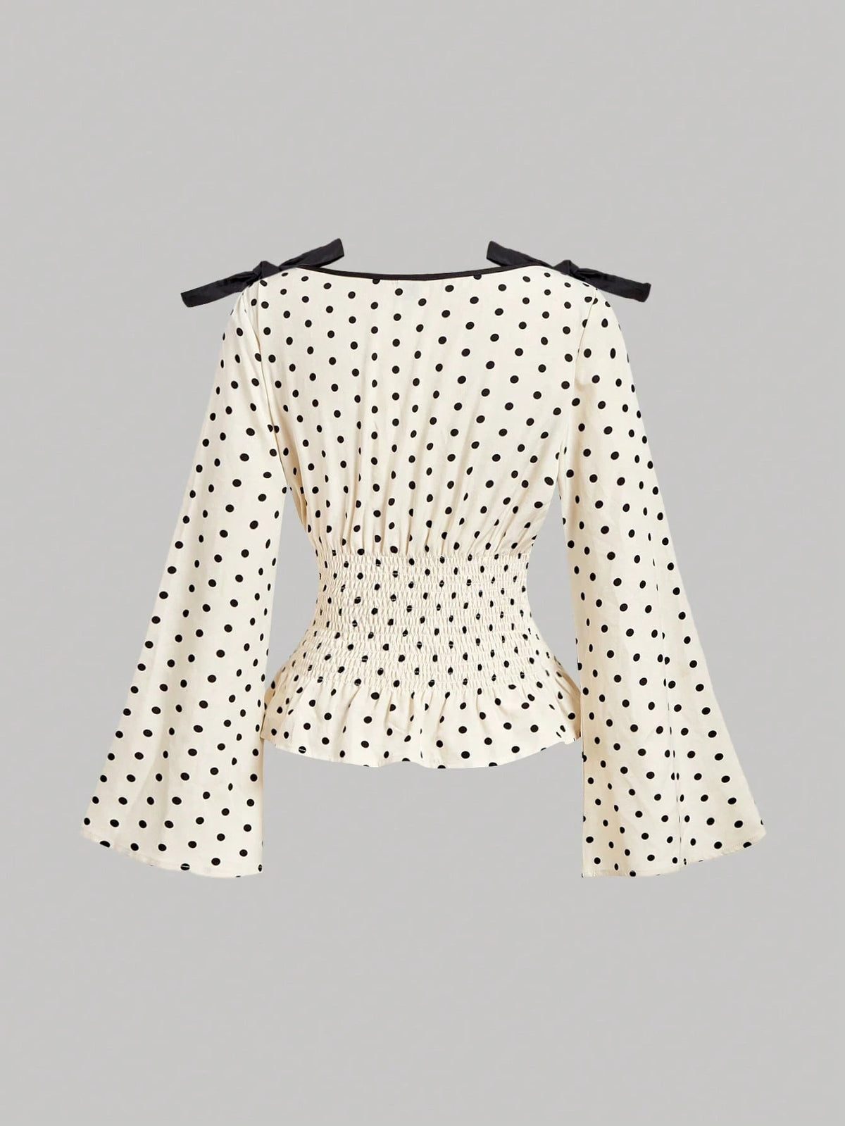 MOD Woman Chiffon Polka Dot Tie Shoulder Long Bell Sleeve Regular Black White Polka Dot Sweet Elegant Coquette Y2K Peplum Blouse Halloween Autumn