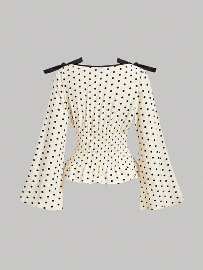 MOD Woman Chiffon Polka Dot Tie Shoulder Long Bell Sleeve Regular Black White Polka Dot Sweet Elegant Coquette Y2K Peplum Blouse Halloween Autumn