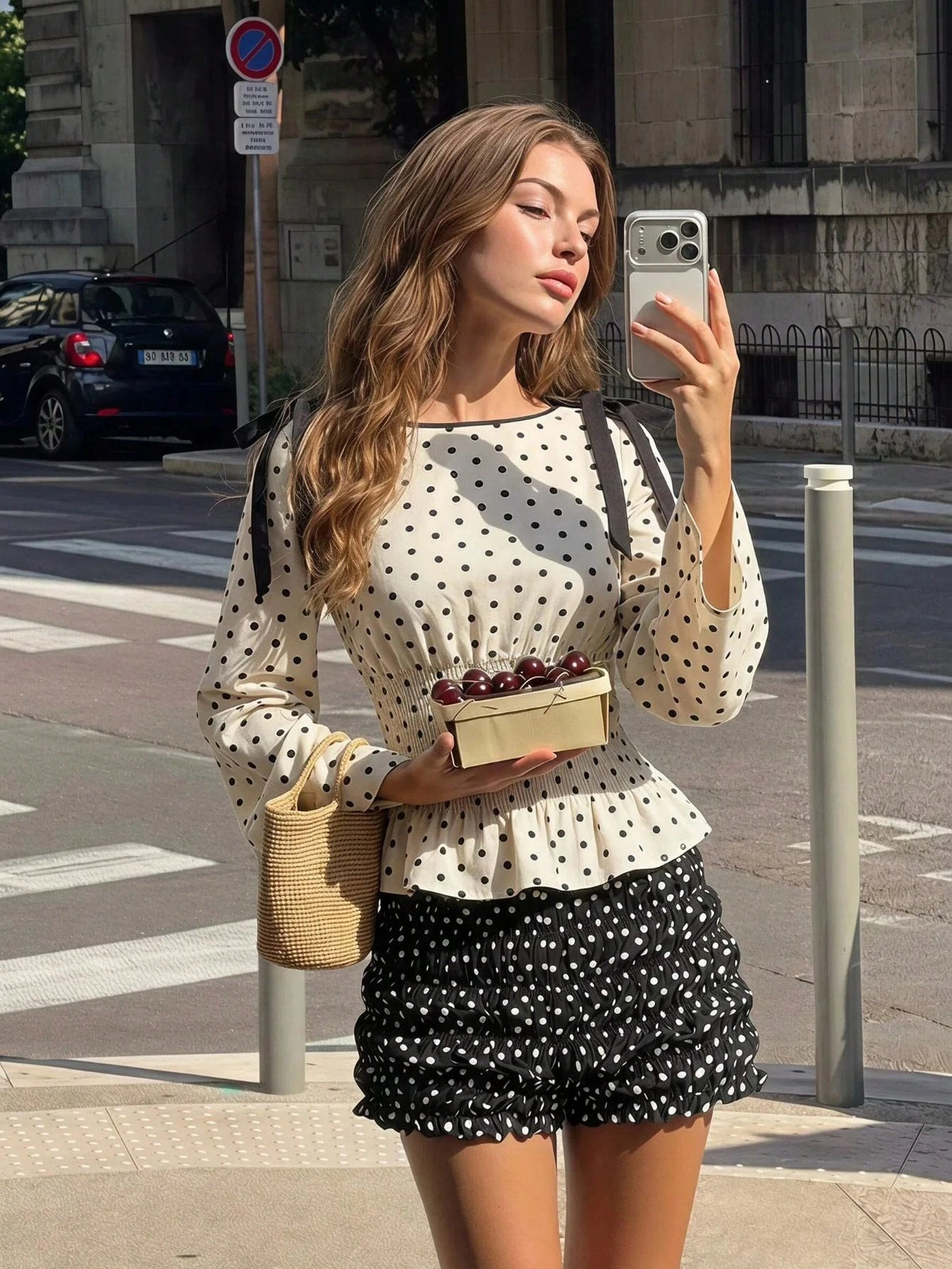 MOD Woman Chiffon Polka Dot Tie Shoulder Long Bell Sleeve Regular Black White Polka Dot Sweet Elegant Coquette Y2K Peplum Blouse Halloween Autumn