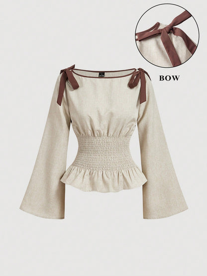 MOD Woman Chiffon Polka Dot Tie Shoulder Long Bell Sleeve Regular Black White Polka Dot Sweet Elegant Coquette Y2K Peplum Blouse Halloween Autumn