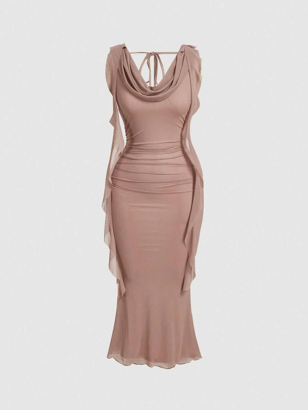 MOD Women Red Plunging Neckline Sash Waist Mesh Panel Midi Dress,Summer Dresses For Women