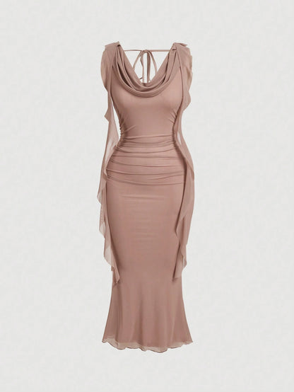 MOD Women Red Plunging Neckline Sash Waist Mesh Panel Midi Dress,Summer Dresses For Women