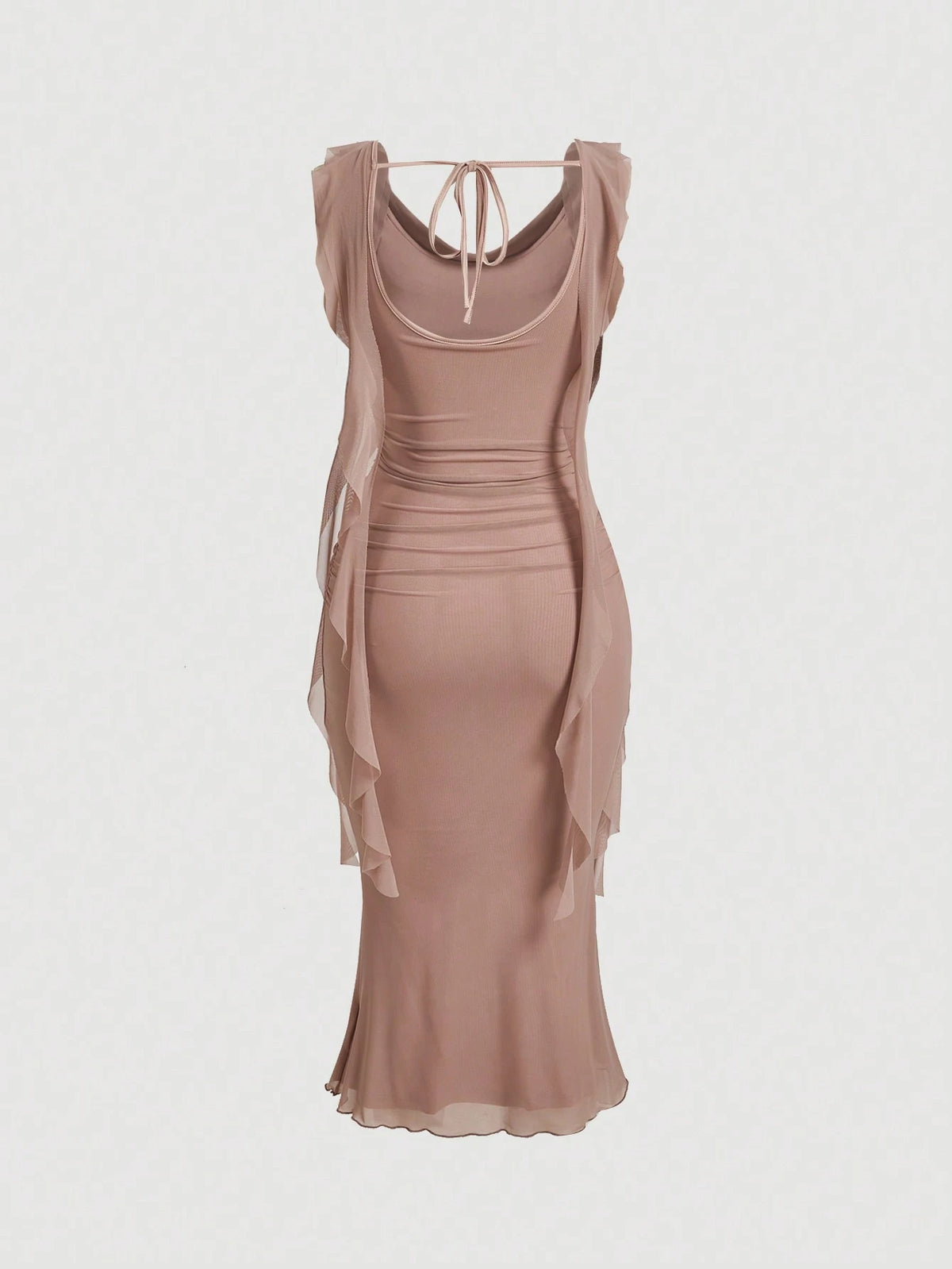 MOD Women Red Plunging Neckline Sash Waist Mesh Panel Midi Dress,Summer Dresses For Women