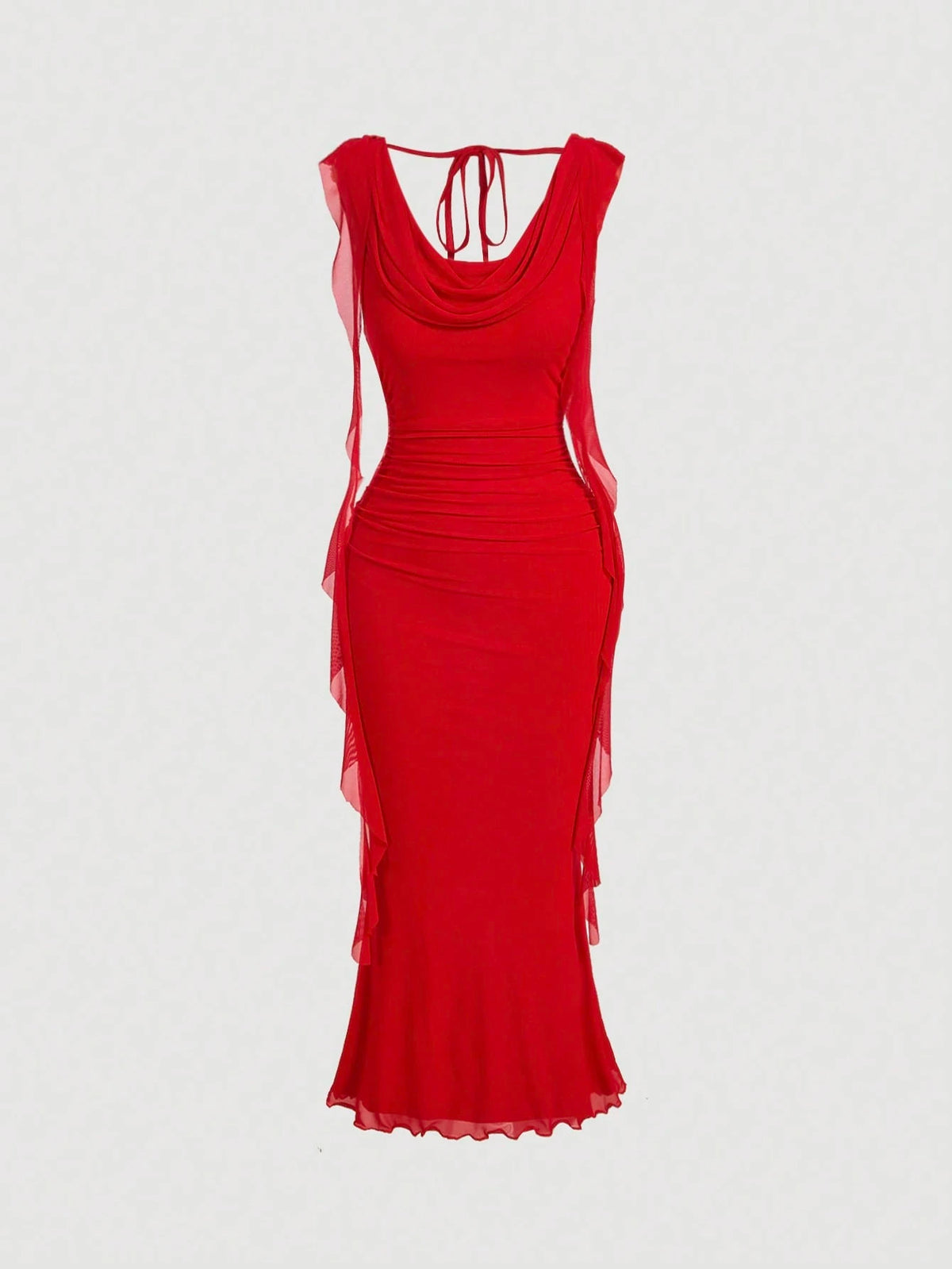MOD Women Red Plunging Neckline Sash Waist Mesh Panel Midi Dress,Summer Dresses For Women