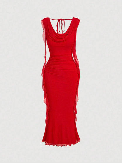 MOD Women Red Plunging Neckline Sash Waist Mesh Panel Midi Dress,Summer Dresses For Women