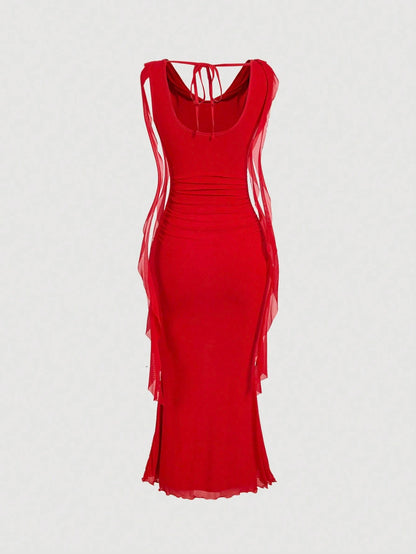 MOD Women Red Plunging Neckline Sash Waist Mesh Panel Midi Dress,Summer Dresses For Women