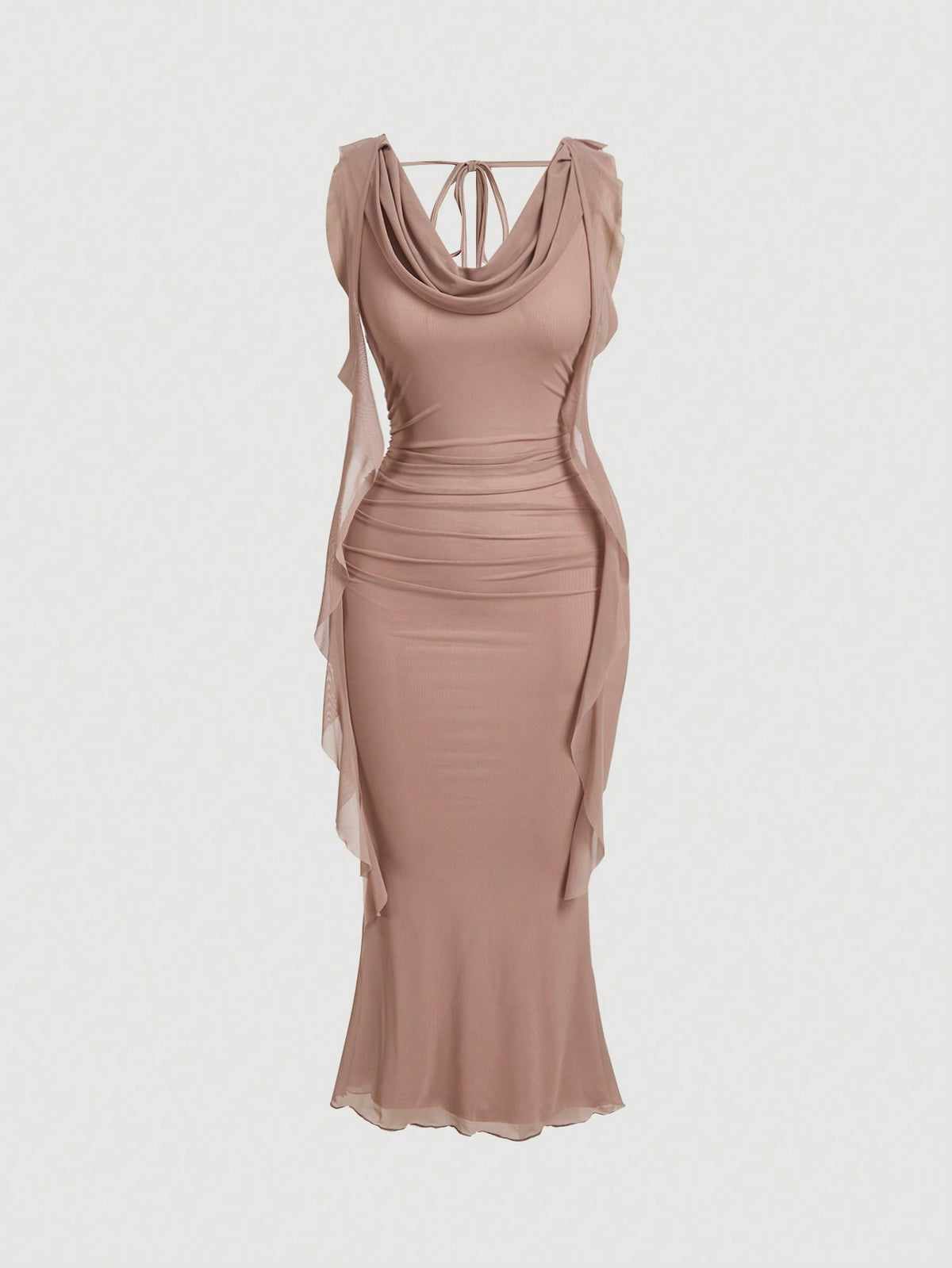 MOD Women Red Plunging Neckline Sash Waist Mesh Panel Midi Dress,Summer Dresses For Women