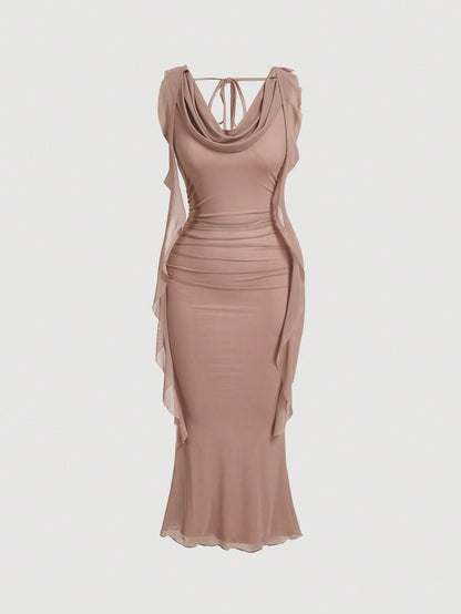 MOD Women Red Plunging Neckline Sash Waist Mesh Panel Midi Dress,Summer Dresses For Women