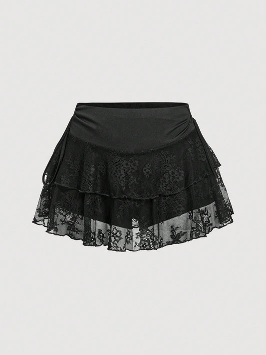 MOD Women's Black Lace Drawstring Waist Mini Skirt, Elegant Romantic Summer Night Y2k Rave Festival Outfits, Western Country Cruise Tea Party Date Beach