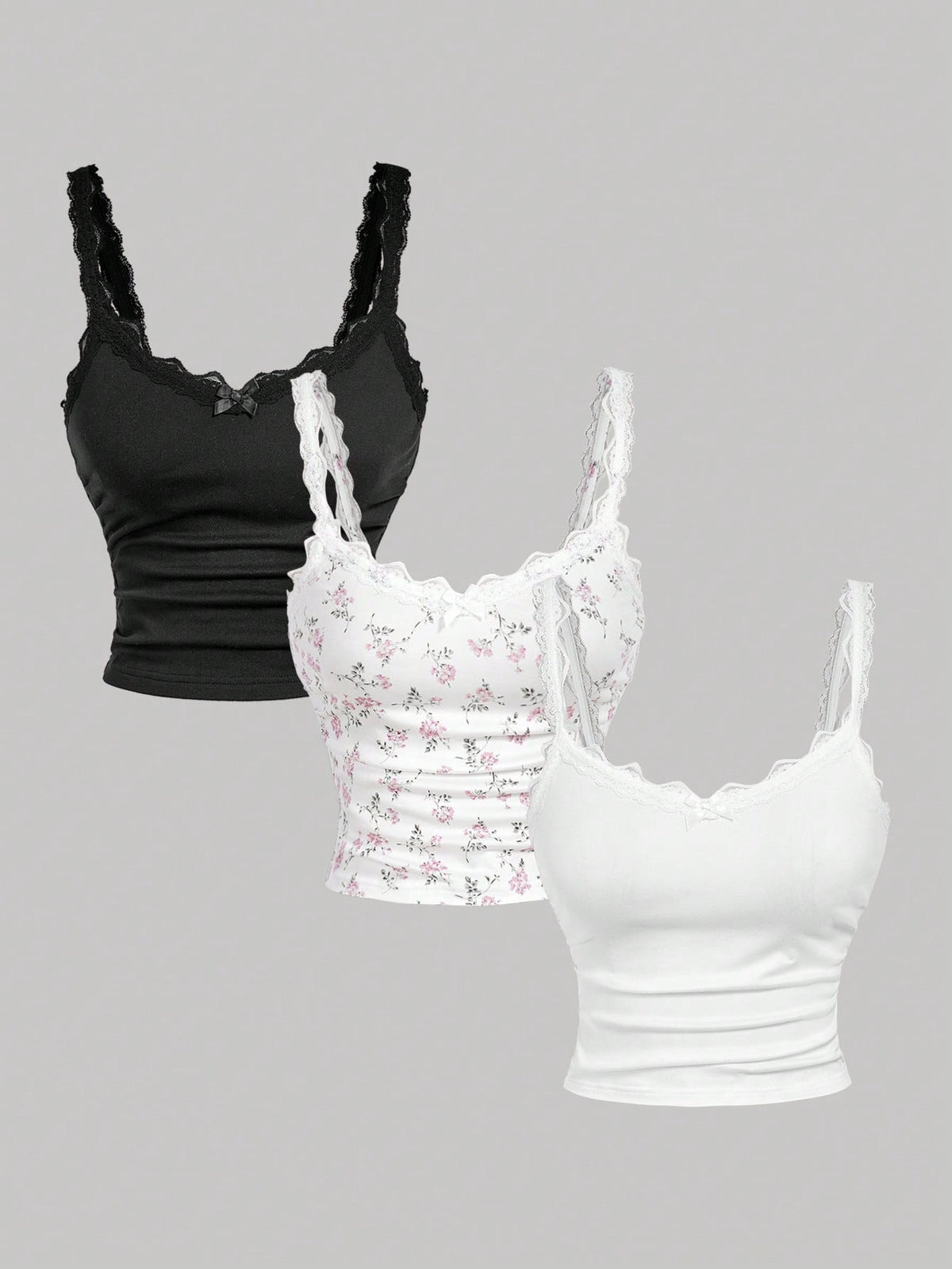 MOD Women's Contrast Lace Bow Decor Fashion Cami Top 3 Pack Feminine Girly Cute,Winter Clothes,Christmas,New Year,Thanksgiving 3 Pack Feminine Girly Cute