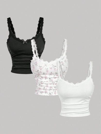 MOD Women's Contrast Lace Bow Decor Fashion Cami Top 3 Pack Feminine Girly Cute,Winter Clothes,Christmas,New Year,Thanksgiving 3 Pack Feminine Girly Cute