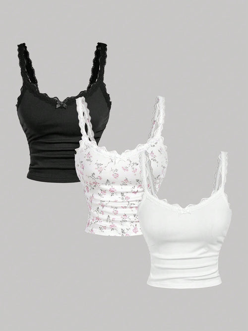 MOD Women's Contrast Lace Bow Decor Fashion Cami Top 3 Pack Feminine Girly Cute,Winter Clothes,Christmas,New Year,Thanksgiving 3 Pack Feminine Girly Cute