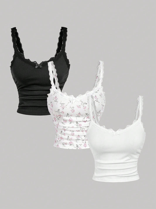 MOD Women's Contrast Lace Bow Decor Fashion Cami Top 3 Pack Feminine Girly Cute,Winter Clothes,Christmas,New Year,Thanksgiving 3 Pack Feminine Girly Cute