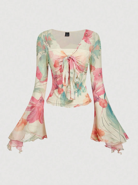 MOD Women's Pink Floral V-Neck Twist Front Flare Sleeve T-Shirt,Summer Boho Tea Party Elegant Floral Print 2 In 1 Fashionable Top,Autumn/Winter,Goth