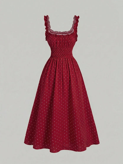 MOD Women's Sleeveless Red And White Polka Dot Bow Tie Ruched Dress,Vintage Summer Picnic Dress,Cottagecore Beach Holiday Vacation Tea Party Outfits