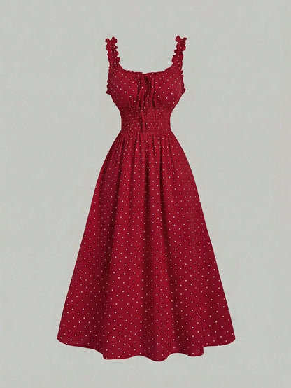 MOD Women's Sleeveless Red And White Polka Dot Bow Tie Ruched Dress,Vintage Summer Picnic Dress,Cottagecore Beach Holiday Vacation Tea Party Outfits