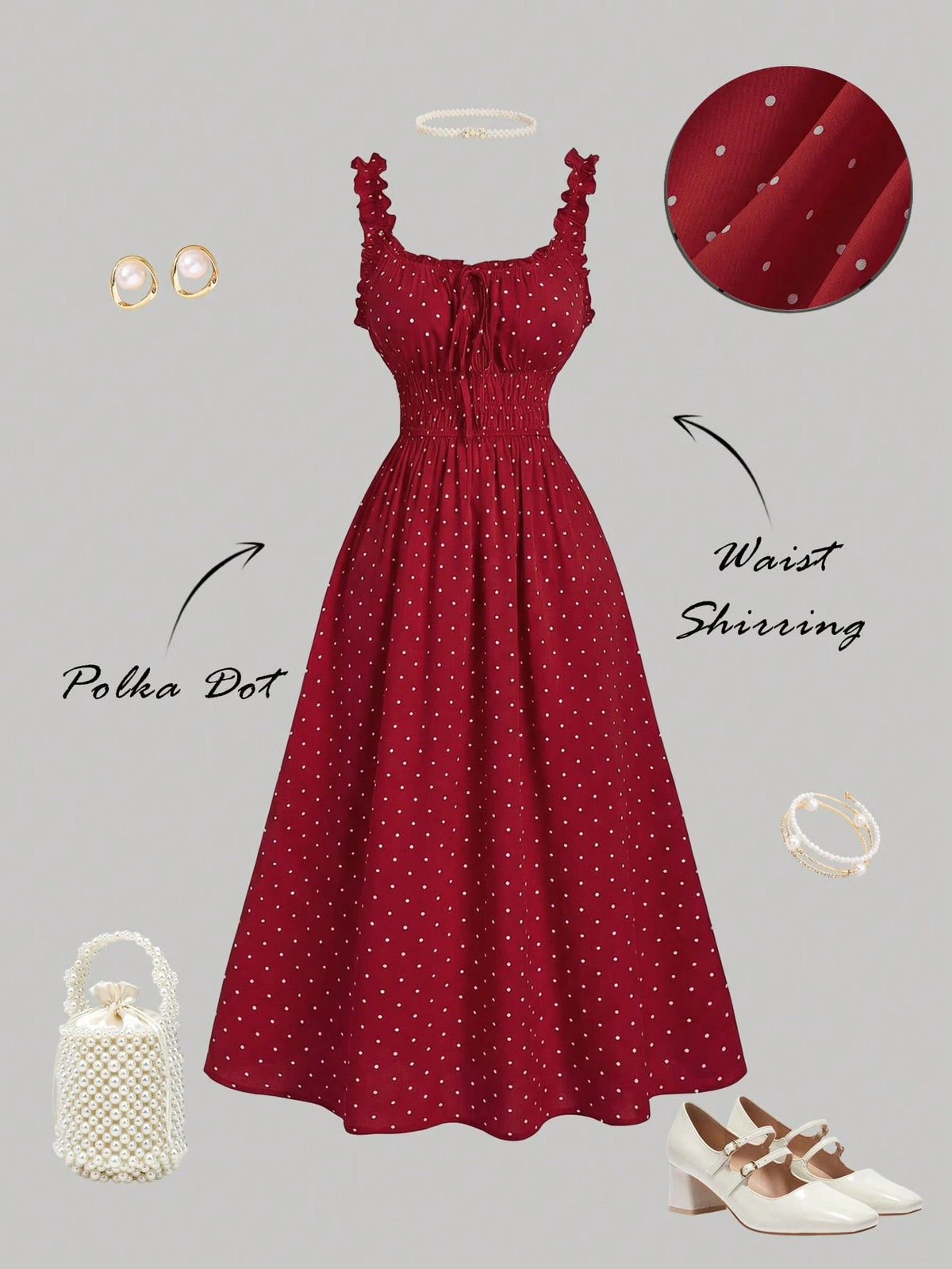 MOD Women's Sleeveless Red And White Polka Dot Bow Tie Ruched Dress,Vintage Summer Picnic Dress,Cottagecore Beach Holiday Vacation Tea Party Outfits