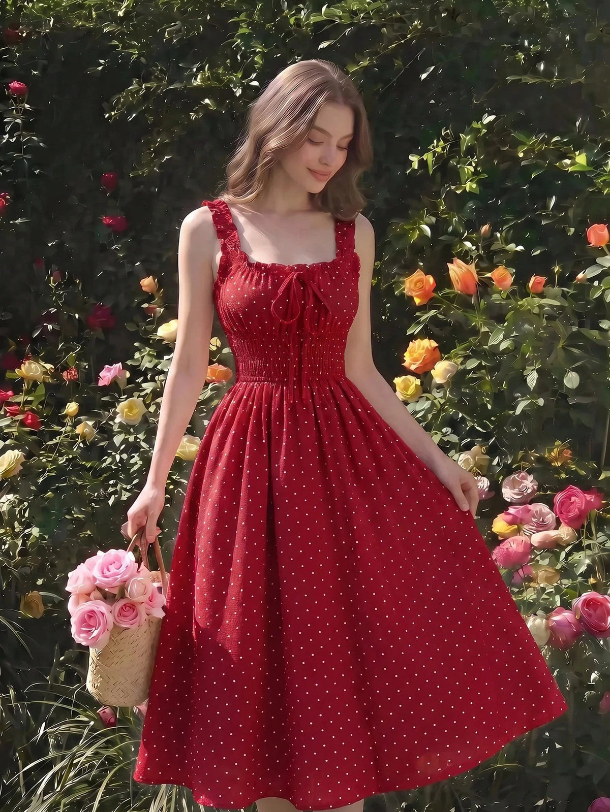 MOD Women's Sleeveless Red And White Polka Dot Bow Tie Ruched Dress,Vintage Summer Picnic Dress,Cottagecore Beach Holiday Vacation Tea Party Outfits