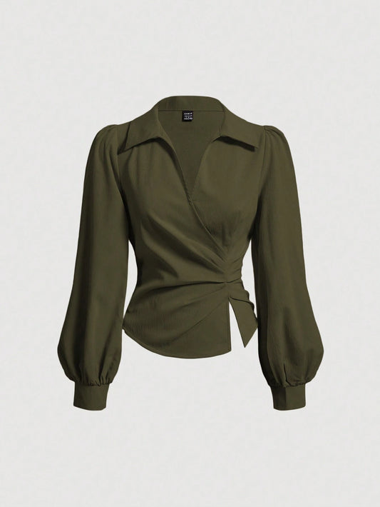 MOD Women's Solid Color Ruched Waist Puff Long Sleeve Elegant Blouse, Autumn