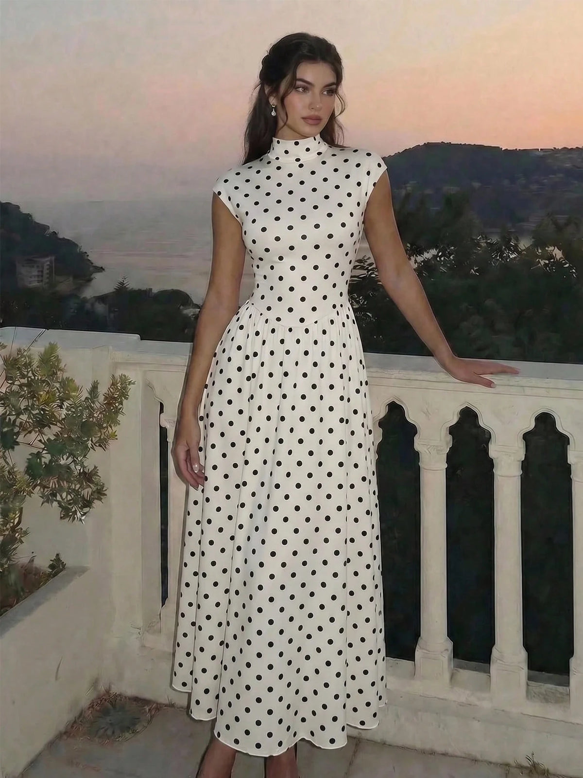 MOD Women's White And Black Polka Dot High Neck Long Knit Dress Stand-Up Collar Design Vintage Elegant 70s Bohemian Garden Brunch Vacation Summer