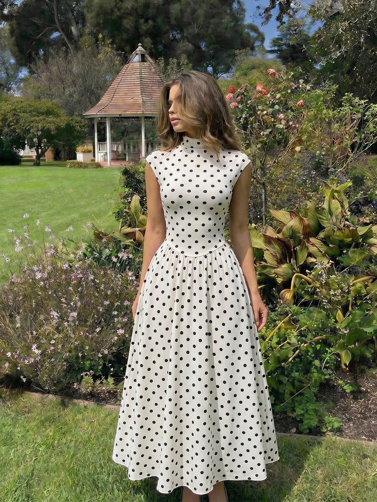 MOD Women's White And Black Polka Dot High Neck Long Knit Dress Stand-Up Collar Design Vintage Elegant 70s Bohemian Garden Brunch Vacation Summer