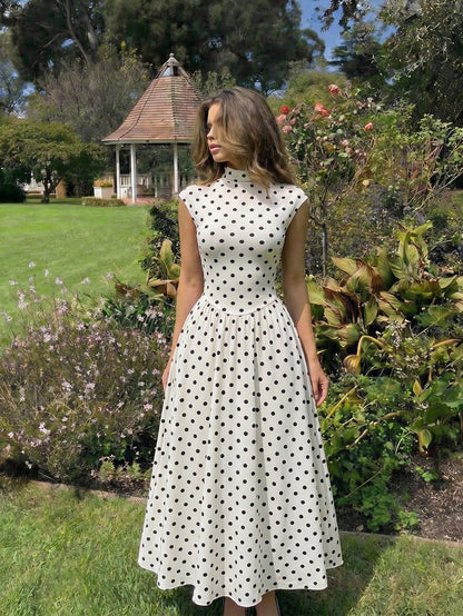 MOD Women's White And Black Polka Dot High Neck Long Knit Dress Stand-Up Collar Design Vintage Elegant 70s Bohemian Garden Brunch Vacation Summer