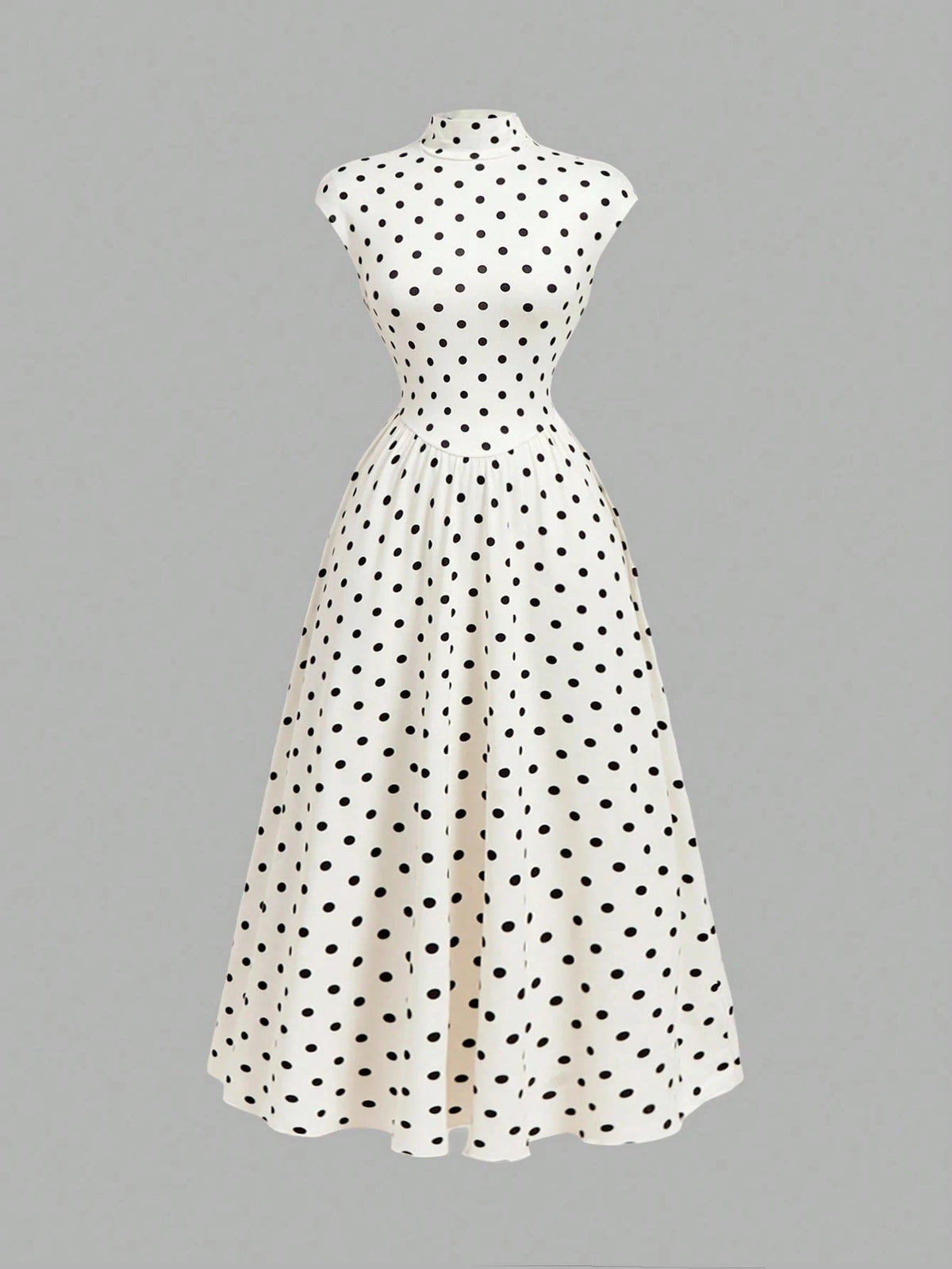 MOD Women's White And Black Polka Dot High Neck Long Knit Dress Stand-Up Collar Design Vintage Elegant 70s Bohemian Garden Brunch Vacation Summer