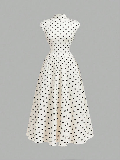 MOD Women's White And Black Polka Dot High Neck Long Knit Dress Stand-Up Collar Design Vintage Elegant 70s Bohemian Garden Brunch Vacation Summer