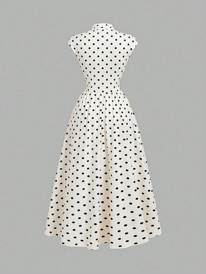 MOD Women's White And Black Polka Dot High Neck Long Knit Dress Stand-Up Collar Design Vintage Elegant 70s Bohemian Garden Brunch Vacation Summer