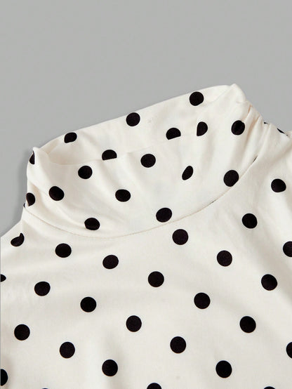 MOD Women's White And Black Polka Dot High Neck Long Knit Dress Stand-Up Collar Design Vintage Elegant 70s Bohemian Garden Brunch Vacation Summer