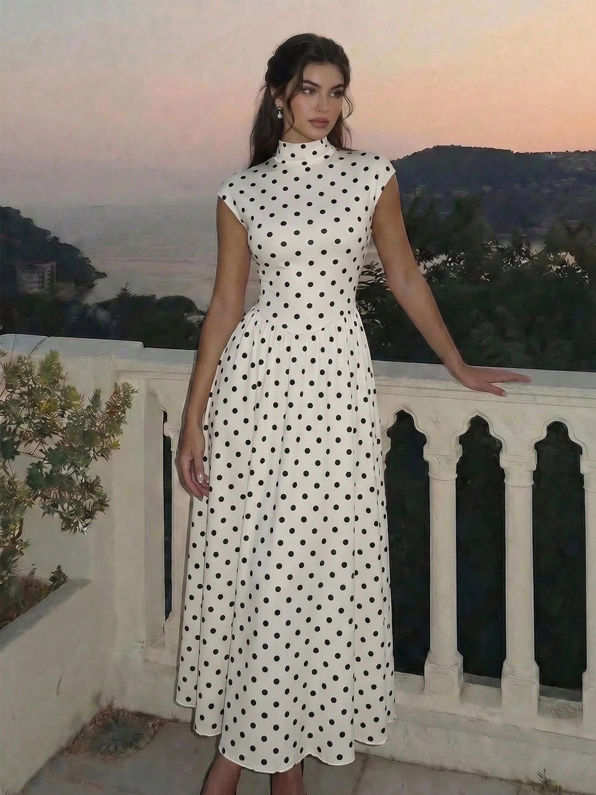 MOD Women's White And Black Polka Dot High Neck Long Knit Dress Stand-Up Collar Design Vintage Elegant 70s Bohemian Garden Brunch Vacation Summer