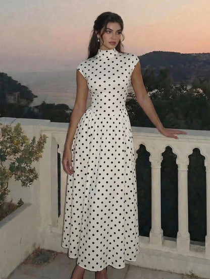 MOD Women's White And Black Polka Dot High Neck Long Knit Dress Stand-Up Collar Design Vintage Elegant 70s Bohemian Garden Brunch Vacation Summer