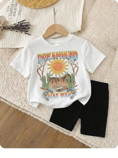 ModeFlare Wear Summer Outfits, Baby Girl's Casual And Simple Short Sleeve T-Shirt And Shorts Set, White And Black, Suitable For Spring And Summer