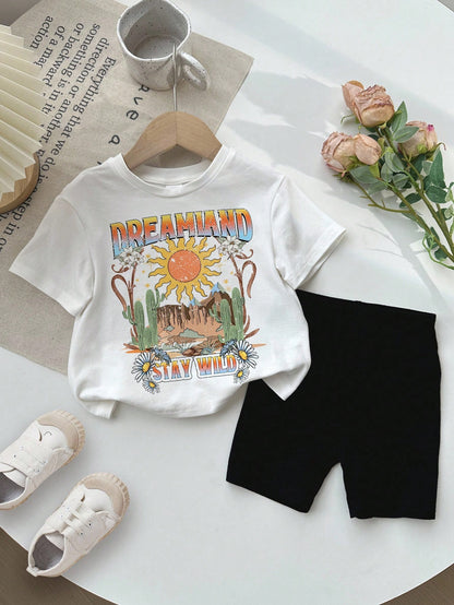 ModeFlare Wear Summer Outfits, Baby Girl's Casual And Simple Short Sleeve T-Shirt And Shorts Set, White And Black, Suitable For Spring And Summer