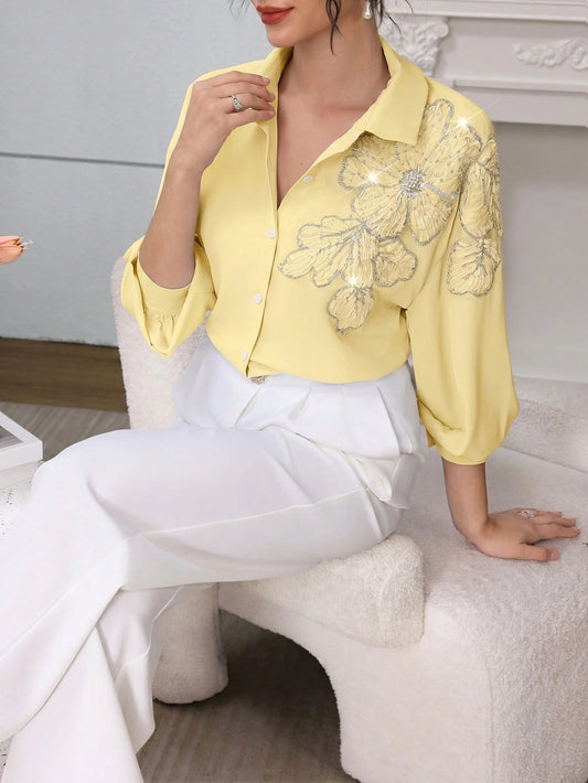 Modelyn Elegant Blue Beaded Floral Dropped Shoulder Sleeve Fashionable Women Blouse